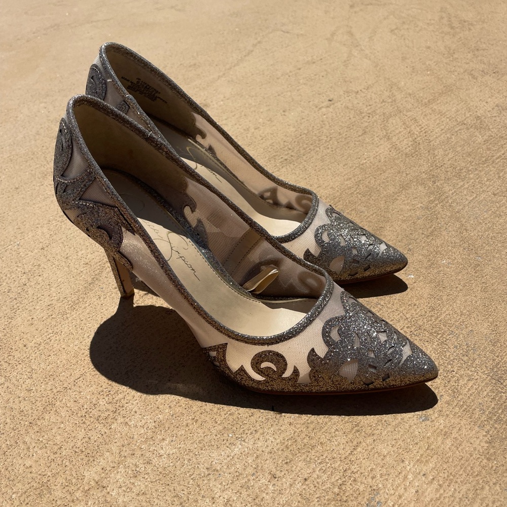 Jessica Simpson Silver Glitter Pointed Mesh Pumps